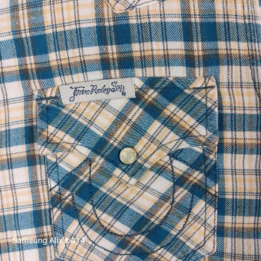 True Religion Men's Western‎ Pearl Snap Plaid Long Sleeve Shirt Horseshoe Medium